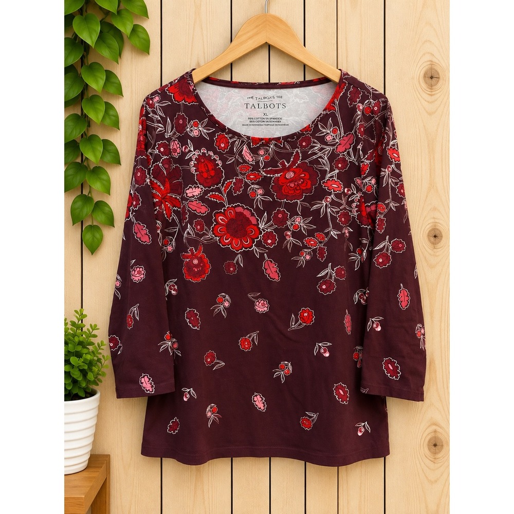 Talbots The Talbots Tee XL Burgundy Red Floral 3/4 Sleeve Cotton Spandex Top